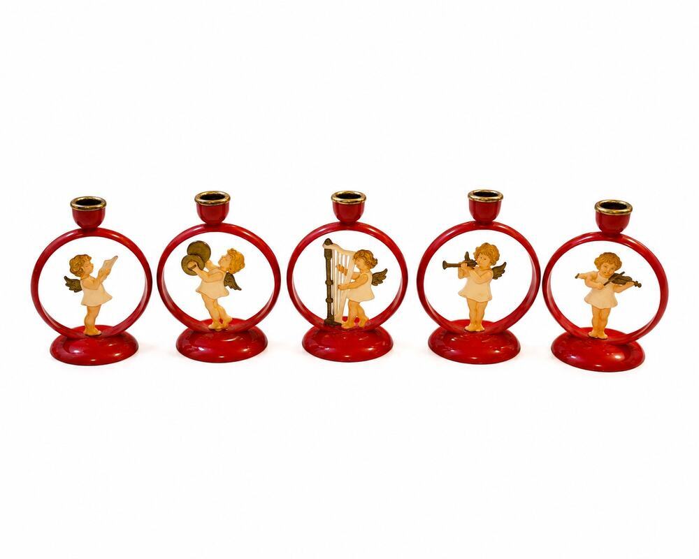 Vintage West German Celluloid Angel Candle Holders Set 5 Red Christmas Choir